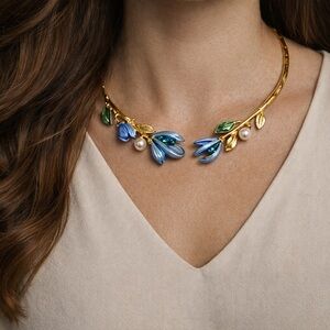 Blue Floral Crystal Set: Earrings and Necklace